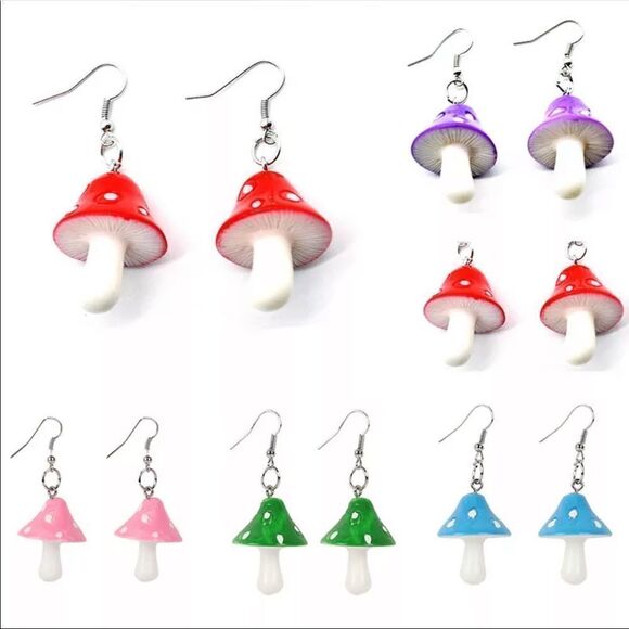 Purple Mushroom Drop Earrings Psychedelic Magic Fun Funky - Picture 3 of 4